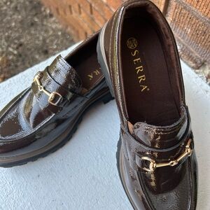 Serra Women’s Glossy Brown Loafers with Gold Detail